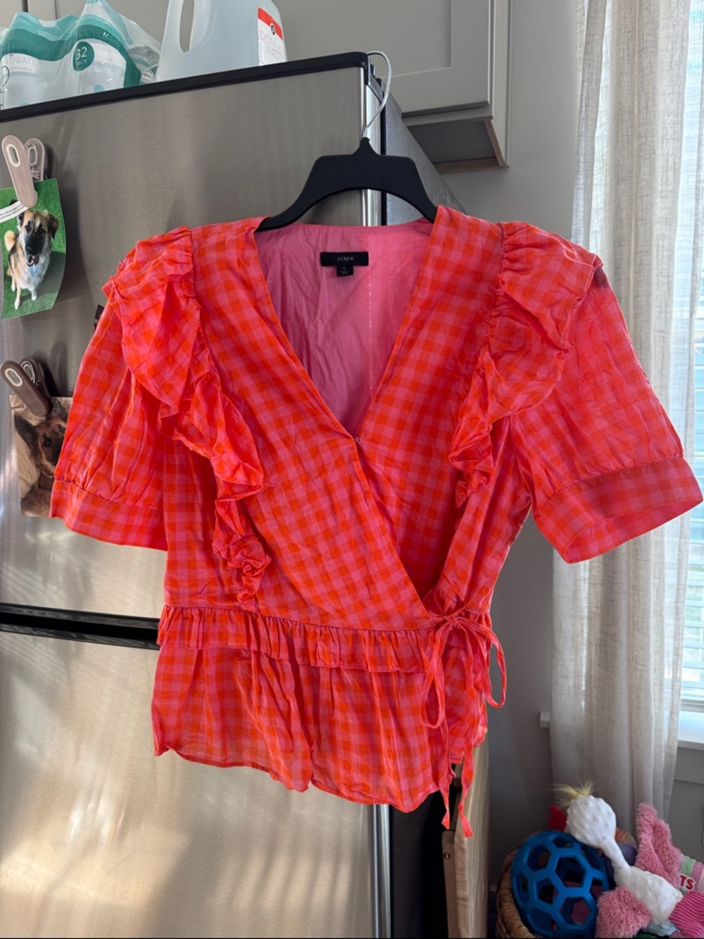 J. Crew Pink and Red Gingham Wrap Ruffle Blouse